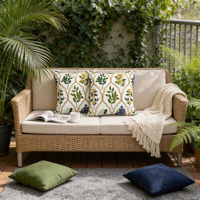 Alysheer Spring Summer Floral Embroidered Decorative Throw Pillow Cover 18"x 18" Set of 2, Flower Leaves Embroidery Patterned Multicolor Cushion Case for Sofa Couch Living Room Bedroom Outdoor