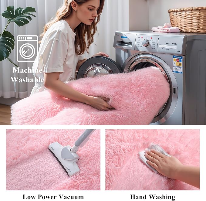 3x5 Pink Fluffy Shag Rug for Girls Bedroom, Plush Washable Carpet | Area Rug for Living Room, Kids Nursery, Dorm Room, Machine Washable Shaggy Floor Carpet