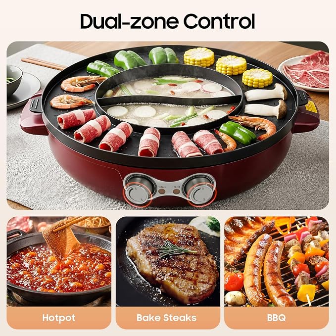 Hot Pot with Grill,2000W 2 in 1 Electric Hot Pot Grill Cooker with Dual Temperature Control,Multifunctional Smokeless Shabu Shabu Pot Indoor Grill for 2-5 People (Red)