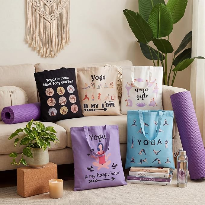 Hsei 12 Pcs Yoga Lover Gift Women Canvas Aesthetic Tote Bag Accessories Organizer Pilates Instructor Gift Yoga Teacher Grocery Bag Reusable Grocery Storage for Teachers Yogis Pilates Workout