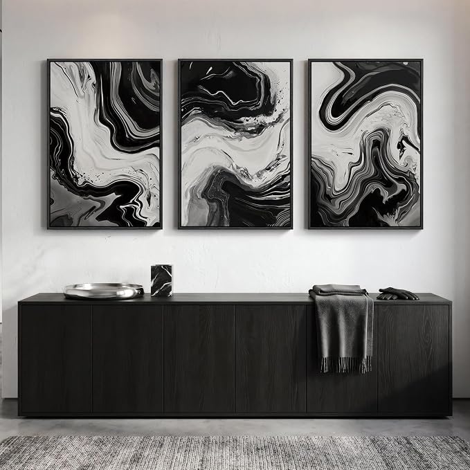 Large Framed Black and White Abstract Wall Art for Living room, 3 Piece Canvas Prints Paintings Artwork for Walls, Modern Minimalist Pictures Wall Decor for Bedroom Dining Room Office 24x36 In
