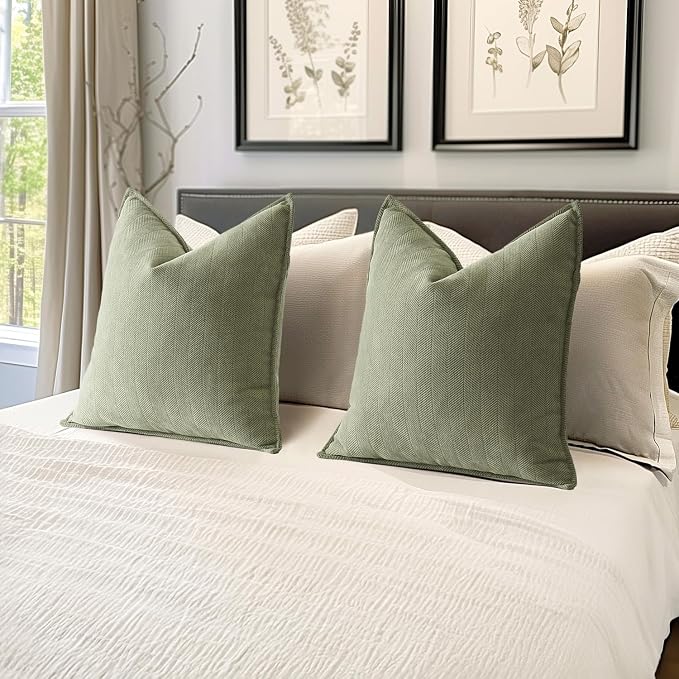 MIULEE Pack of 2 Sage Green Euro Shams Chenille Pillow Covers 22x22 Inch | Decorative Soft Couch Throw Pillows,Farmhouse Cushion Covers,Elegant Design for Sofa,Bed,Living Room,Summer Decor
