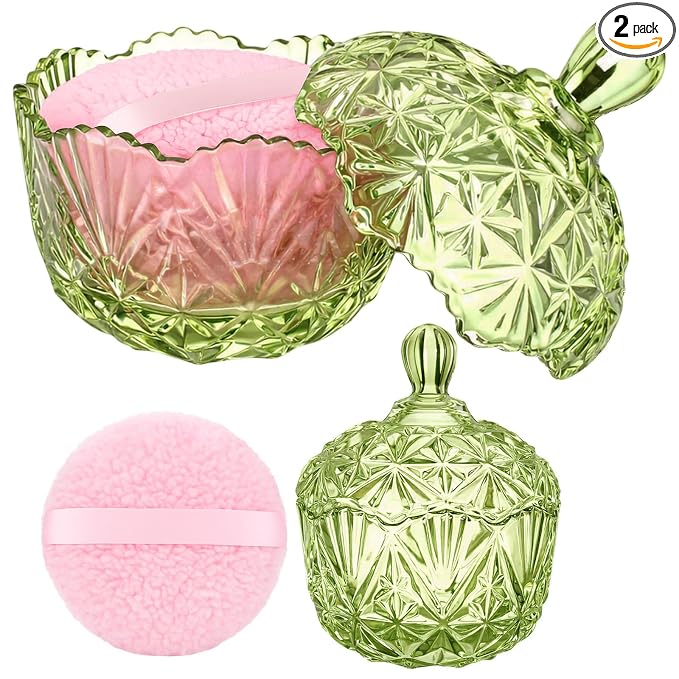 Extra Large Body Powder Puff and Container, 5.3'' Crystal Container with 5.3'' Oversize Dust Powder Puff Washable Reusable Face Body Wet Dry Makeup Gift(Green, Diamond)