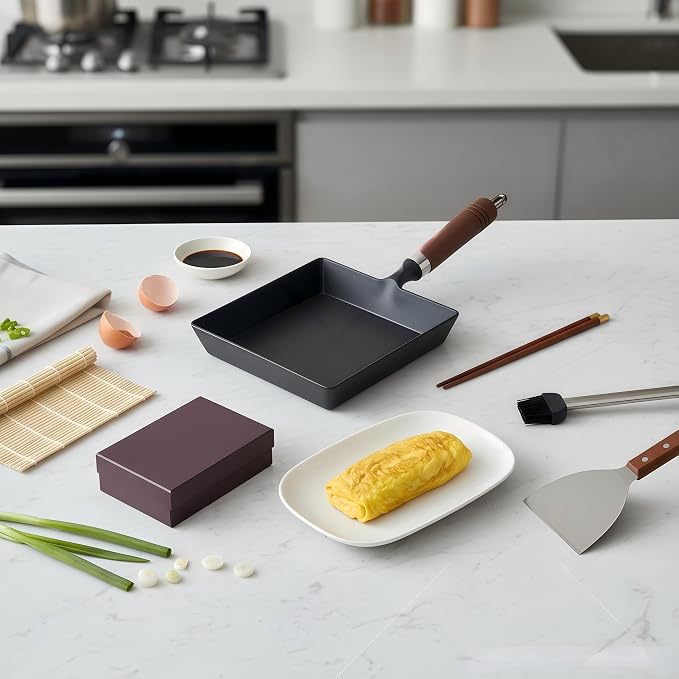 Japanese Cast Iron Tamagoyaki Pan - Pre-Seasoned, Liquid Nitrogen Treated, Non-Rust, Ready to Use, Detachable Wood Handle, Oven Safe, for Omelets, Steak & Camping, Chemical-Free Non-Stick,9x7 Inch