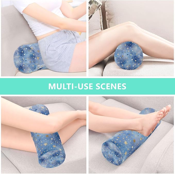 Blue Romantic Golden Stars Neck Roll Pillow Bolster Round Health Memory Foam Long Cervical Cylinder Pillows with Removable Washable Cover for Body Bed Legs Back Yoga