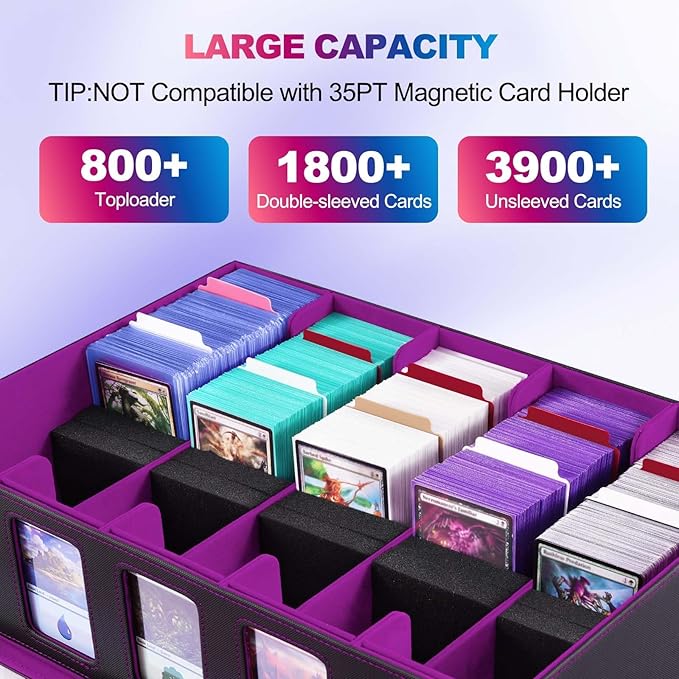 UAONO Trading Card Storage Box with Commander Display, 5 Row Magic Card Box with Handle & Aluminum Alloy Locking for 3900+ Unsleeved Cards Suits for MTG PTCG TCG Sports Cards (Black Purple)