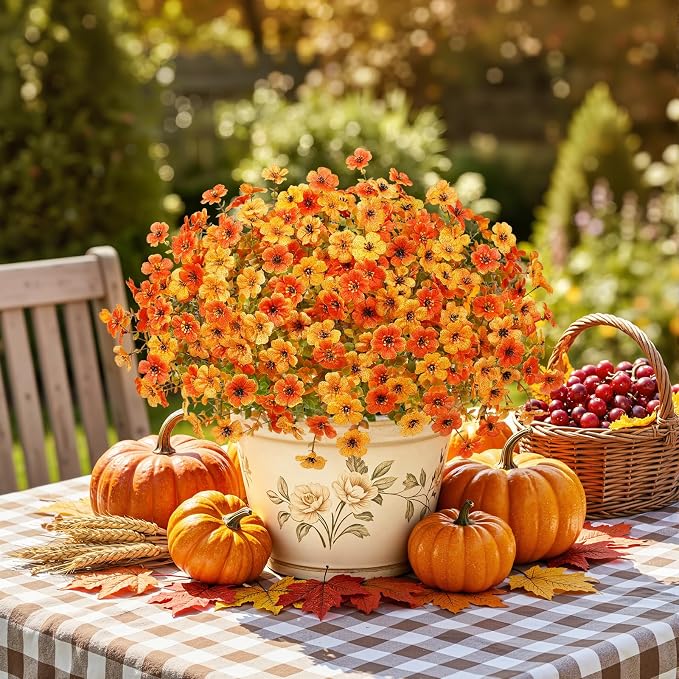 Alupssuc 96 Bundles Artificial Fall Flowers, UV Resistant Faux Mums Porch | Silk & Plastic, 13 Inch Tall, for Indoor Outdoor Planters Yard Patio Window Box, Autumn Outside Realistic Fake Decoration