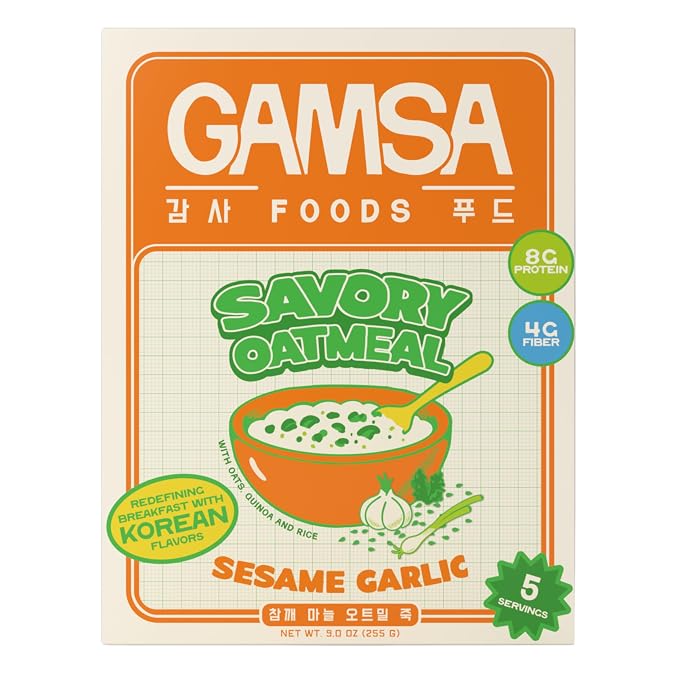 Gamsa Savory Instant Oatmeal - Sesame Garlic, Premium Instant Korean-Inspired Hot Cereal with Sesame & Garlic, Nourishing & Satisfying Breakfast, Meal or Snack, Low Sugar, 5-Pack