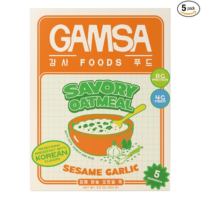 Gamsa Savory Instant Oatmeal - Sesame Garlic, Premium Instant Korean-Inspired Hot Cereal with Sesame & Garlic, Nourishing & Satisfying Breakfast, Meal or Snack, Low Sugar, 5-Pack
