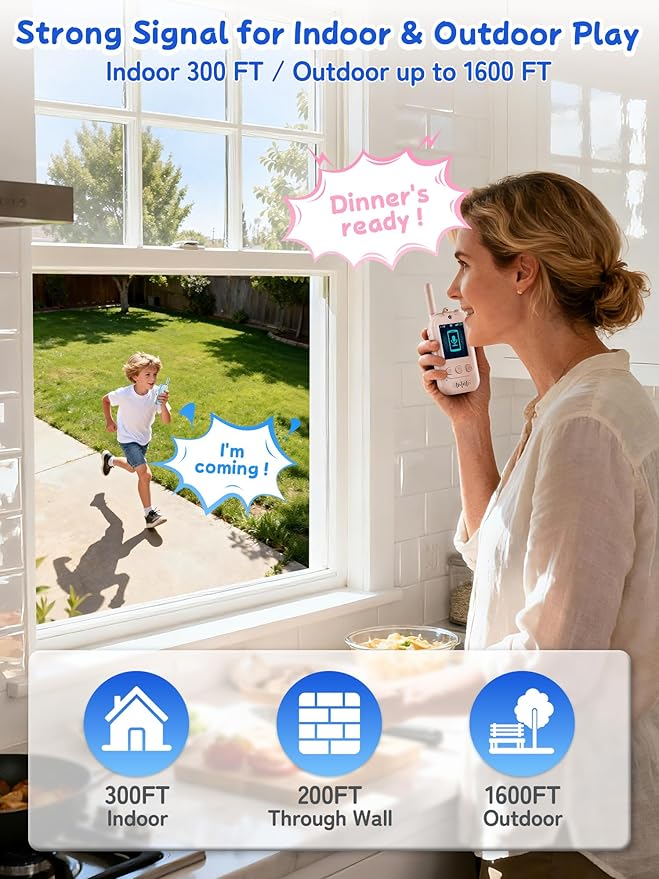 Upgraded Kids Video Walkie Talkies with Real-Time Two-Way Video, No WiFi or App Required, Long Range Outdoor Up to 1600FT, Rechargeable Video Intercom Toy for Boys & Girls Ages 3–12 (Blue & Pink)