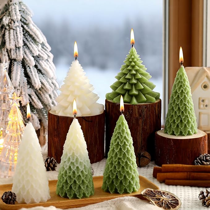 Conelist 6 Pcs Christmas Tree Candles Christmas Tree Shaped Taper Candles Decorative Xmas Wax Scented Candlesticks for Xmas Eve Winter Holiday Home Table Decoration Gift(White, Green,Assorted Style)