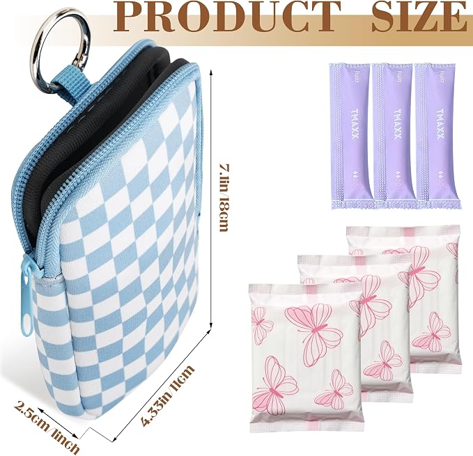 2 Pack Portable Tampon Holder Zippered Pouch with Snap Hook, Waterproof Travel-Friendly Discreet Period Bag, Feminine Products Organizer for Women Purse (Plaid)
