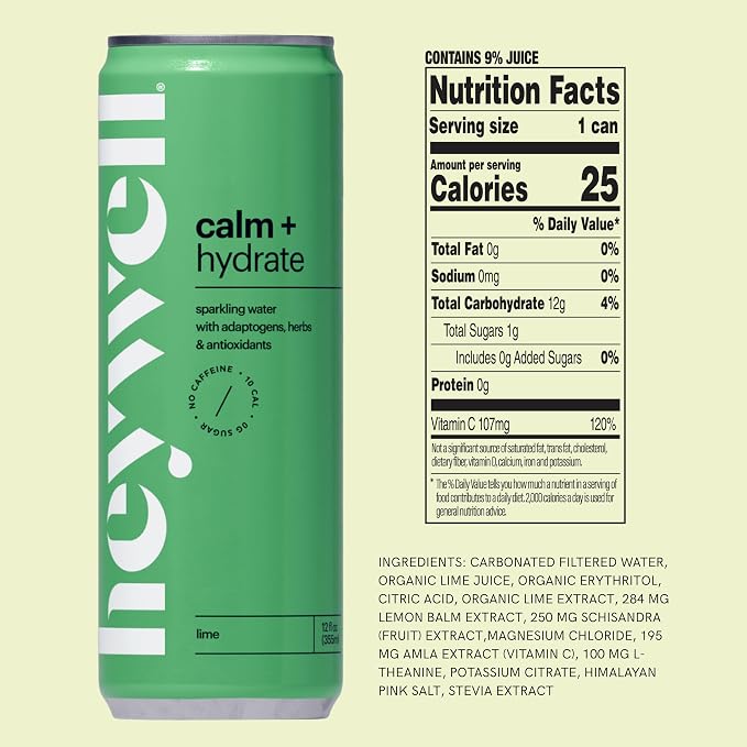 Heywell Sparkling Adaptogenic Water Calm and Restore, Lime Flavor 12 Fluid Ounce (Pack of 12) - Non Caffeinated, Organic, Non GMO, Vegan, Gluten Free, Dairy Free