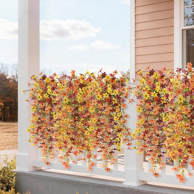 INQCMY Artificial Fake Hanging Flowers Plants for Outdoor Fall Decoration | 2PCS Faux Silk Daisy with Eucalyptus Leaves,UV Resistant Look Real for Outside Home Planter Porch Patio Yard Autumn Decor