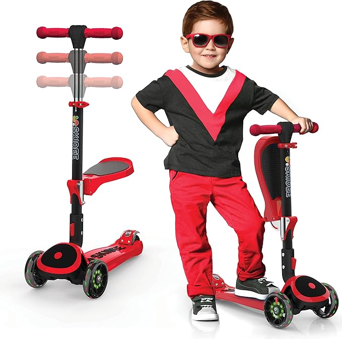 SKIDEE Kick Scooter for Kids Foldable 3 Wheel Scooter with Lean-to-Steer, Adjustable Height, Removable Seat & LED Light Wheels | Toddler Scooter Up to 12 Year Old Boys/Girls