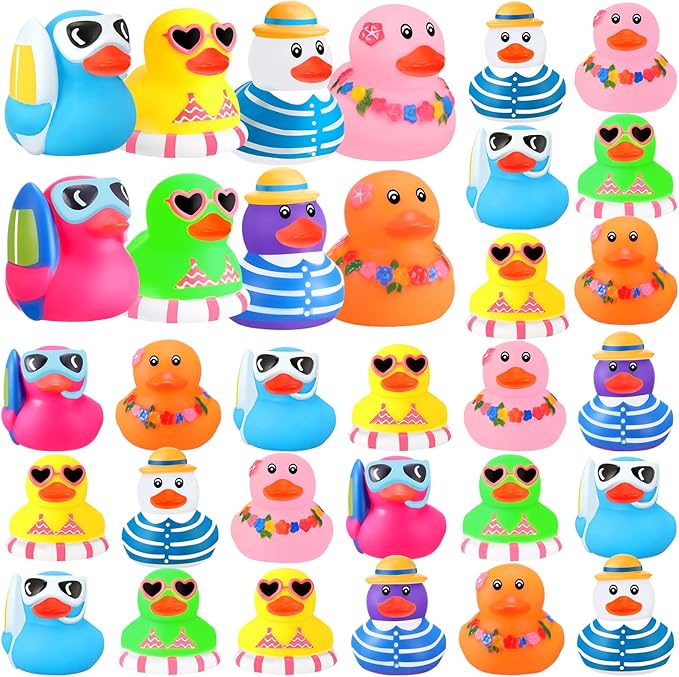 Honoson Summer Beach Rubber Duckies Bulk Mini Rubber Duck Bath Toys Float Bathtub Ducky Cute Squeaky Ducky for Classroom Carnival Summer Birthday Baby Shower Party Favor(8 Colors,24 Pcs)