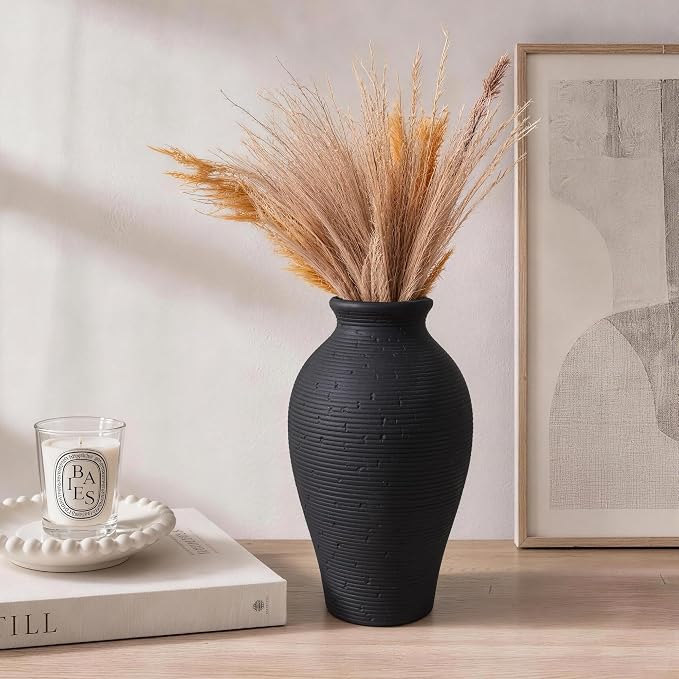 Ceramic Flower Vase Home Decor, 11 in Farmhouse Table Black Vases Rustic Vintage Living Room Kitchen Bedroom Decorations Pottery Decorative Vases for House Shelf Office Coffee Desk Dining Fireplace