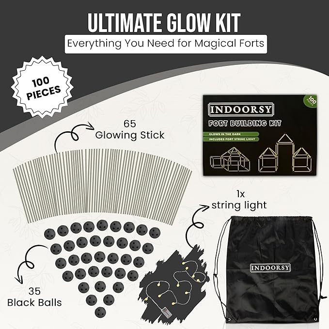 INDOORSY 100pc Glow in The Dark Kids Fort Building Kit for Kids 4-8 and 8-12 | Tiny Home Kit for Indoor Fun | Toys for Kid Magic Fort Building Kit with Box, Storage Bag, Lights | Play Fort for All
