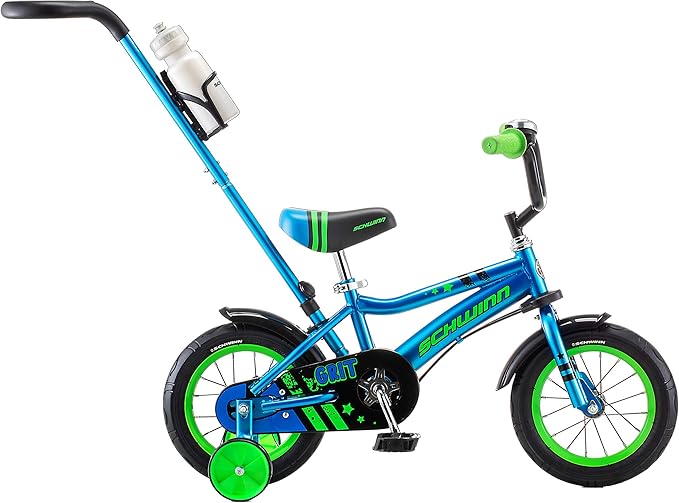 Schwinn Petunia and Grit Bike, 12 Inch Bike for Kids Ages 2-4, Orange, Teal, Pink or Blue, Steerable Beginner Bicycle with Training Wheels, Parent Push Handle, Rear Coaster Brake, Adjustable Seat