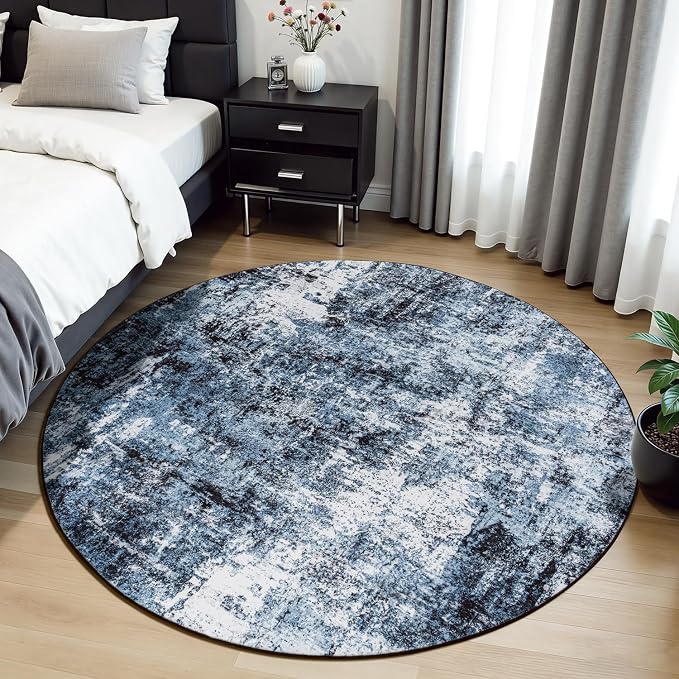 Rugflix Round Area Rugs 4Ft for Living Room, Washable Navy Blue Circle Rug | Machine Washable; Stain-Resistant; Low Pile; Non-Slip; Modern Abstract; Black Carpet for Bedroom Dining Office Nursery Home