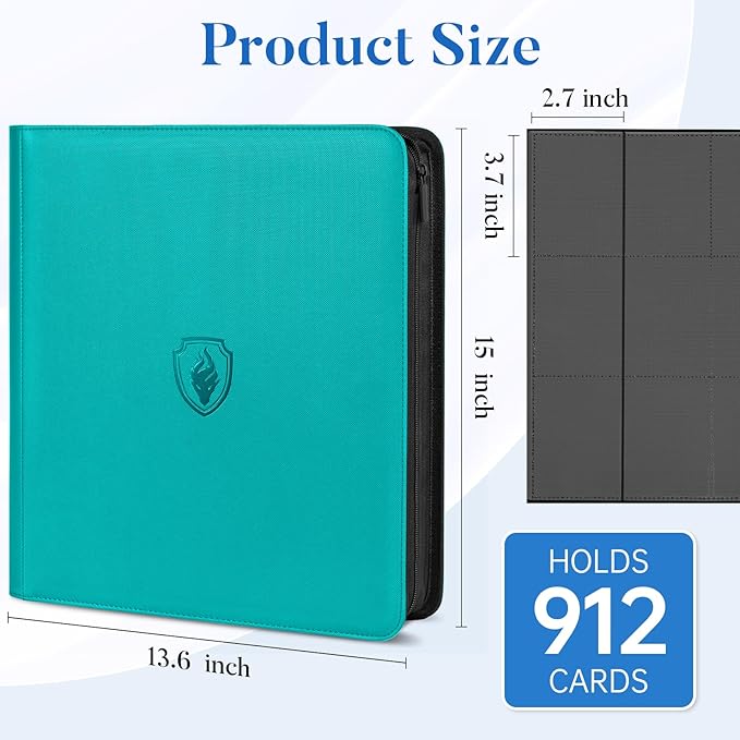 Premium Zip Card Binder 12 Pocket, Fabmaker 912 Pockets Trading Card Binder, PU Zipper Card Collection Album, Sturdy Side-Loading Card Book Holder for Game & Sports Cards, Teal