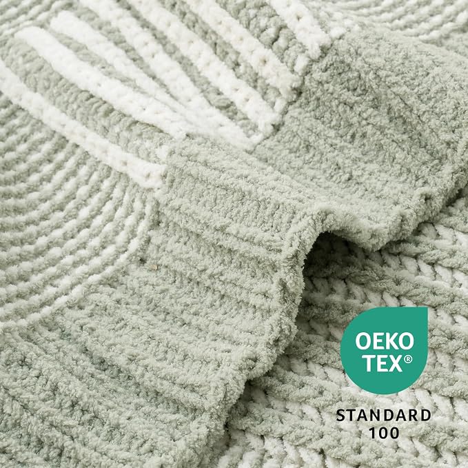 Knit Throw Blanket, Soft Chenille Cozy Breathable Dual Tone Checkered Chunky Decorative Blanket for Couch, Bed & Sofa, French-Inspired Lightweight Warm Gift for Women, Sage Green, 50"x60"