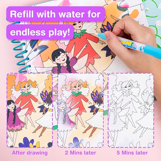 Avenir Reusable Water Coloring Book for Toddlers 3-5 Years, Road Trip & Airplane Mess-Free Portable Educational 4 in 1 Creative Set Water-Reveal Paint Activity Doodle Pad Kids Art Crafts