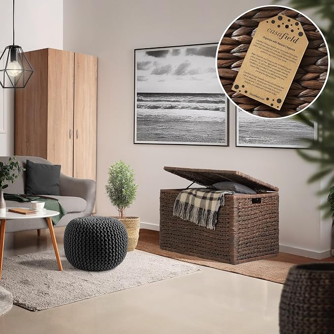 Casafield 30" Storage Chest with Lid, Handles, Safety Hinge - Espresso Dark Brown, Hyacinth Wicker Storage Trunk for Entry Way, Living Room, Bedroom