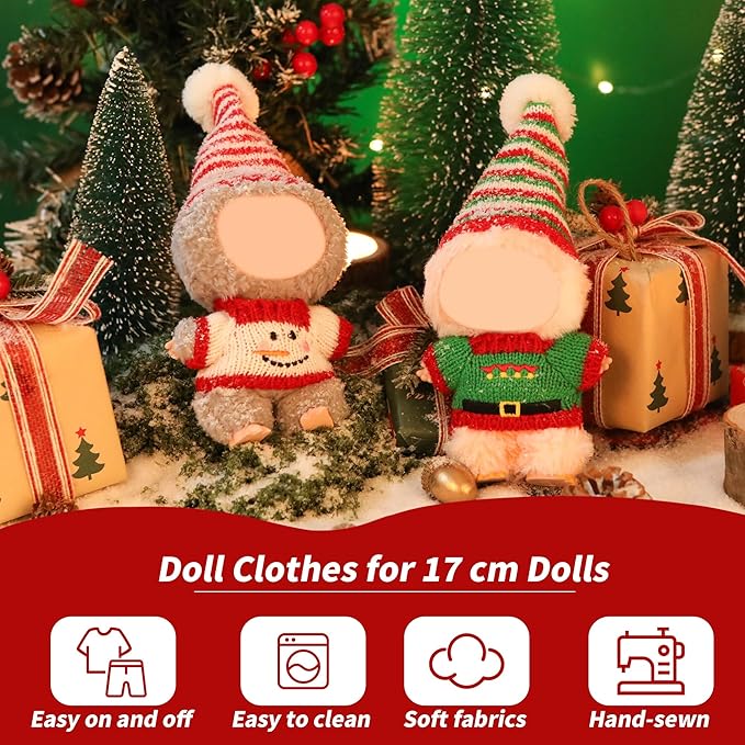 Clothes for Labubu Doll,6.7 Inch Doll Clothing Set - 2 Pieces of Handmade Clothes and Accessories for 17cm Plush Toys - Red and Green Christmas Set