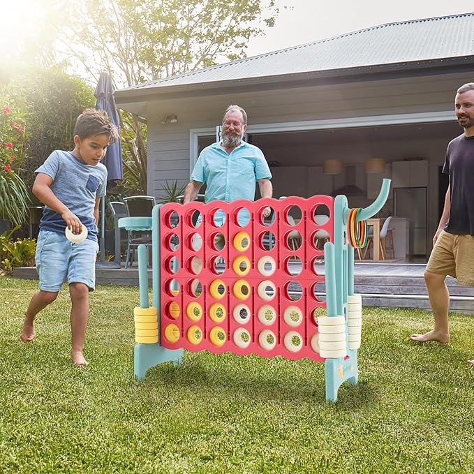 COSTWAY Jumbo 4-to-Score Giant Game Set for Kids & Adults, 2.5Ft Indoor Outdoor Game with Basketball Hoop, Ring Game, 42 Jumbo Rings, Quick-Release Slider, Perfect for Birth & Holiday Party