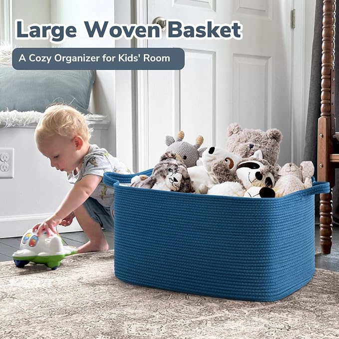 Goodpick Large Woven Rope Blanket Basket, Rectangle, Dark Blue | 21.6'' x 14.9'' x 11.8'' Storage Basket for Blankets & Toys, Living Room, Bedroom & Nursery Organization, Reinforced Handles