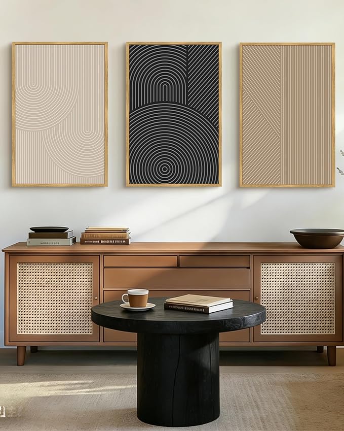 Drsoum Mid-Century Modern Framed Wall Art Large 24x36in Minimalist Abstract Boho Neutral Line Wall Decor Geometric Artwork Kitchen Dining Room Natural Framed