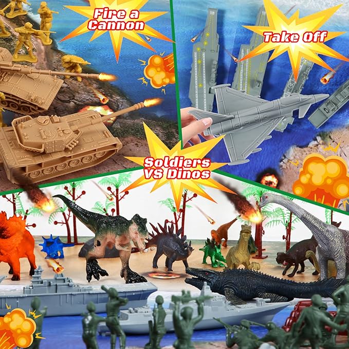 MOONTOY Army Men and Dinosaur Military Playset, 128PCS Toy Soldiers with Tanks, Jets, Missiles, Vehicles & Battle Mat, Army Men Action Figures, Christmas Birthday Gift for Kids Boys and Girls Ages 3+