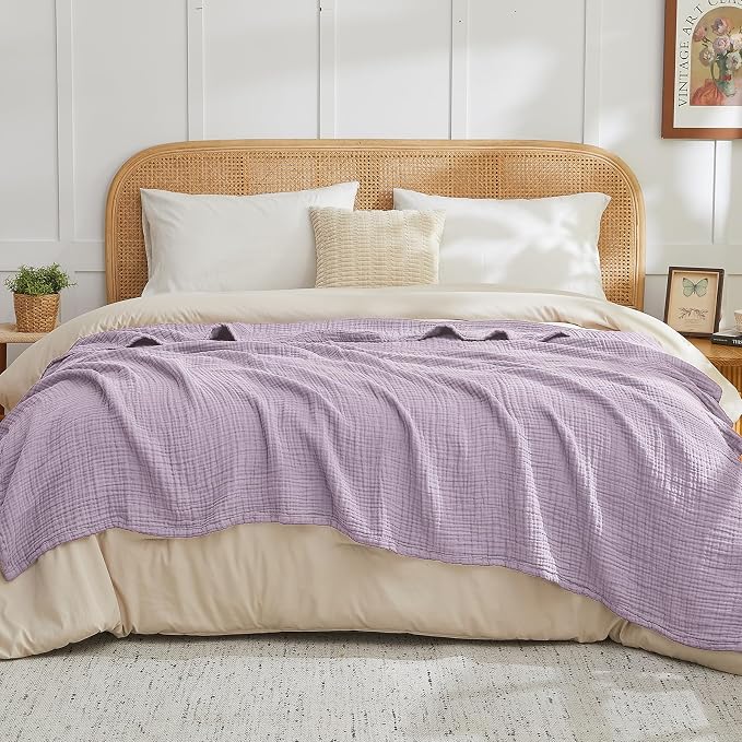 EMME Cotton Muslin Queen Blanket Bed Layering Bedspread Coverlet Breathable Gauze Soft Lightweight Adults (Heather Lavender, 90"x90")