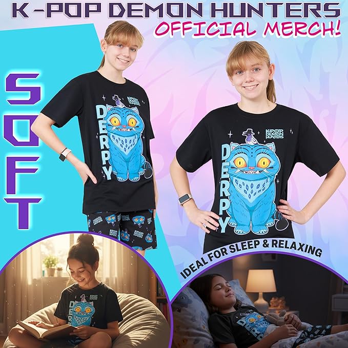 KPop Demon Hunters Officially Licensed 2-Pc Pajamas Set Girls, 5–14 Yrs, Soft PJs Lounge Set T Shirt Shorts, Gifts for Girls