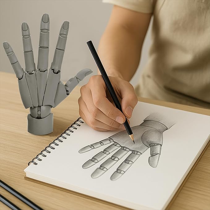 1:1 Right Hand Model for Drawing, Articulated Flexible Artist Manikin Figure with Adjustable Joints, PVC Poseable Sketching Tool, Moveable Mannequin for Artists, Painting, Displaying, Desk Decor, Gray
