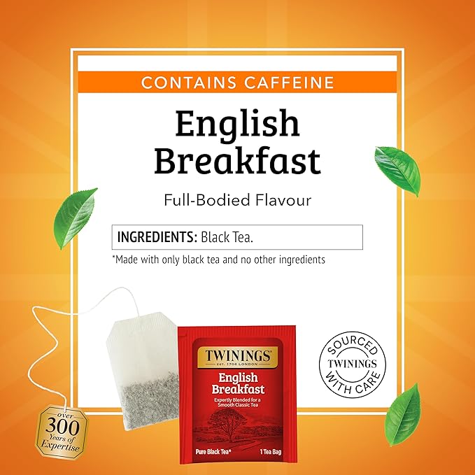 Twinings English Breakfast Black Tea Individually Wrapped Bags, 20 Count (Pack of 1), Flavourful, Robust, Caffeinated, Enjoy Hot or Iced, 20 Teabags