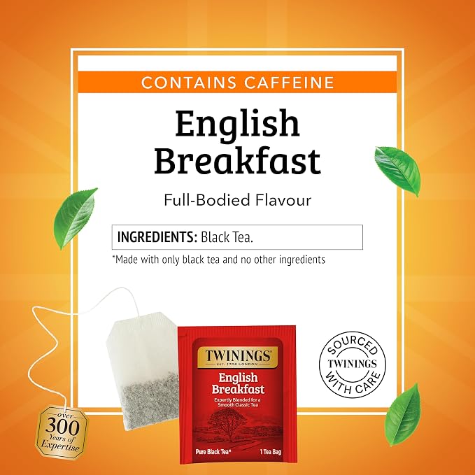 Twinings English Breakfast Black Tea Individually Wrapped Bags, 100 Count (Pack of 1), Smooth, Flavourful, and Robust, Caffeinated, Enjoy Hot or Iced, 100 Teabags