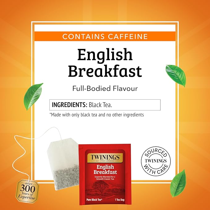 Twinings English Breakfast Black Tea Individually Wrapped Bags, 50 Count (Pack of 6), Flavourful, Robust, Caffeinated, Enjoy Hot or Iced, 300 Teabags