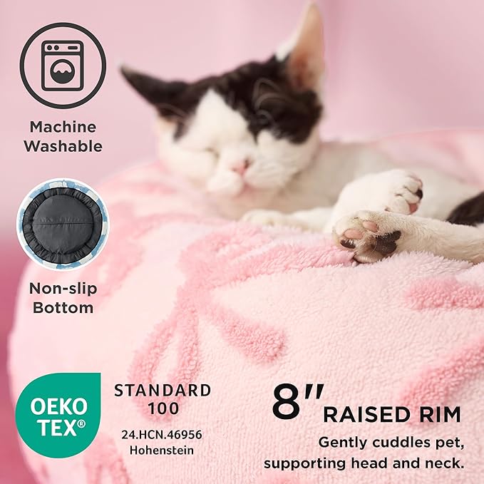 LE SURE Donut Large Dog Bed - Round Cat Beds for Indoor Anti-Anxiety Calming Pet Beds, Washable Cute Modern Beds with Jacquard Shaggy Plush & Anti Slip Bottom, 36 Inch, Pink Taffy