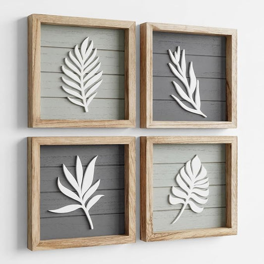 Tide and Tales 3d Framed Wall Art, Set of 4, Farmhouse Wall Decor | 7" x 7", Lightweight Wood, Bathroom Wall Decor, Botanical Leaf Pictures for Bedroom, Office or Living Room, Hardware Included