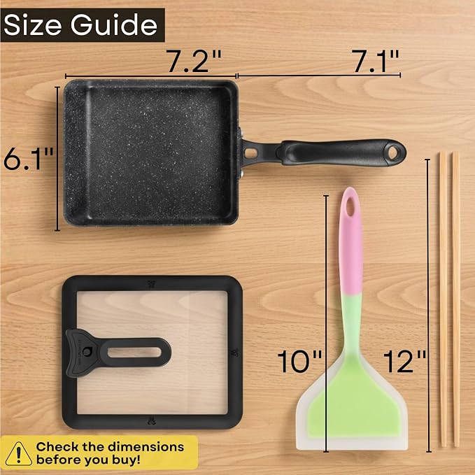 HAPPI STUDIO Tamagoyaki Pan - Japanese Egg Pan with Lid, Square 7x6 Inch | Japanese Omelette Pan For Rolled Omelets - Nonstick Tamago & Square Frying Pan, Induction Ready, Heat-resistant Handle