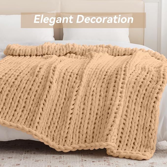Negwoo Chunky Knit Throw Blanket, Knitted Throw Chenille Yarn, 30"*40" | Soft Thick Cable Knitted Blankets, Handmade Big Thick Blanket, Machine Washable Cute Comfy Blanket for Home Decor, Beige