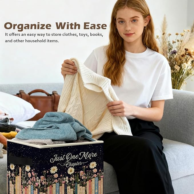 Mystical Celestial Floral Bookish Storage Box Bins, Just One More Chapter Collapsible Storage Basket Organizer for Reading Nook Corner Room Library Home Clothes Books