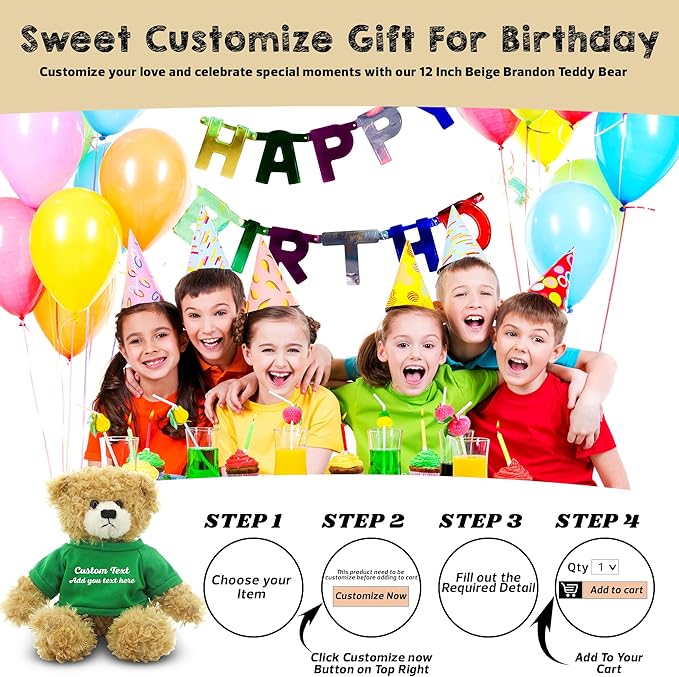 Customized Beige Brandon Bear - 12 inch Personalized Stuffed Bear Plush Toy - Perfect Custom Shirt Bear Gift for Graduation Valentines Graduation Easter Holidays (Kelly Greeen Shirt)