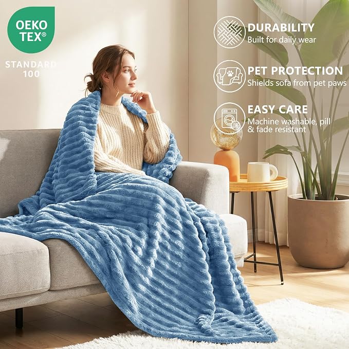 HIMEET Grayish Blue Full Blanket for Bed, 300GSM Ribbed Fleece, 84 x 90 in | Ultra Soft Flannel, All-Season Lightweight Warmth, Bed Layering & Home Room Decor, Gift for Men & Women, Machine Washable
