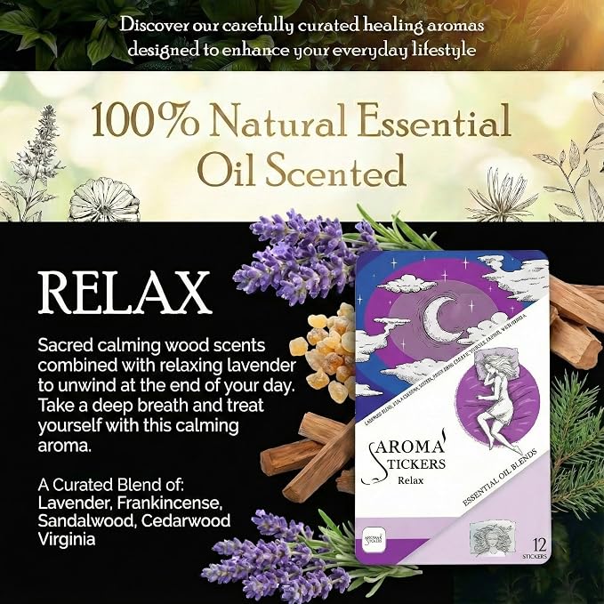 AROMA STICKERS® Original Blend RELAX Edition- 100% Natural Essential Oil Scented Mask Stickers for Face Mask & Pillow (12 Stickers/pc) -Personal Aroma/Relaxing (Pack of 1)
