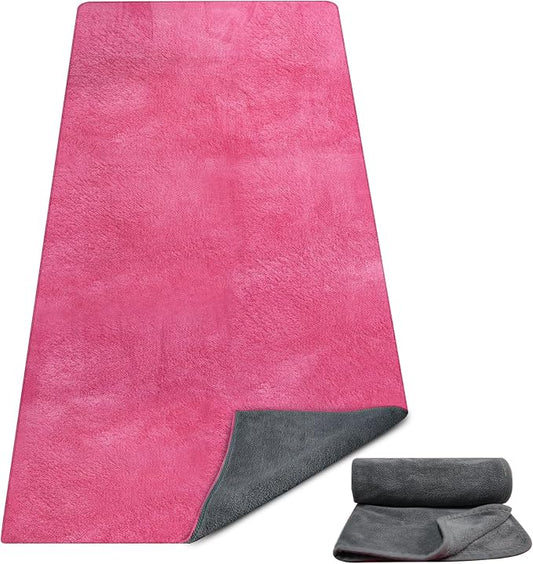Hot Yoga Mat Towel Set – Non-Slip 600GSM Thickened Microfiber Yoga Mat Cover (70"x25.5") + Hand Towel – Super Absorbent, Skidless Sweat Towel for Hot Pilates, Bikram & Fitness, Dark Pink