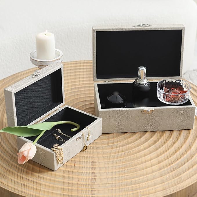 DECOR4SEASON Faux Shagreen Leather Decorative Storage Boxes Set of 2, Ivory | For Keeping Precious Keepsakes, Trinkets, Jewelry And Other Small Items Organized