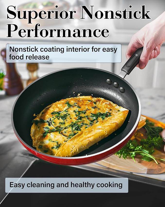 Cook N Home Professional 8/9.5/11 Inch Nonstick Frying Pan Set, Kitchen Cooking Skillets Saute Fry Pan, Induction Compatible, 3-Piece, Red